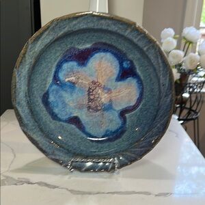 Candy Casarella Round Pottery Dish Blue & Beige 8-1/2” W Artist Quote on Bottom